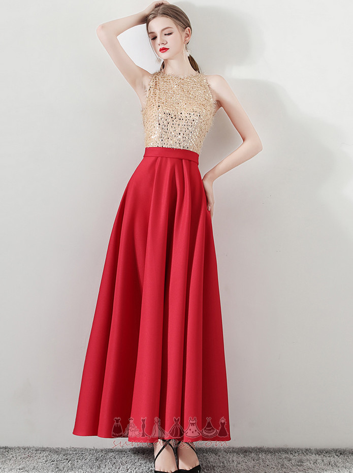 Natural Waist Satin Sequined Bodice Ankle Length Sleeveless A-Line Prom Dress