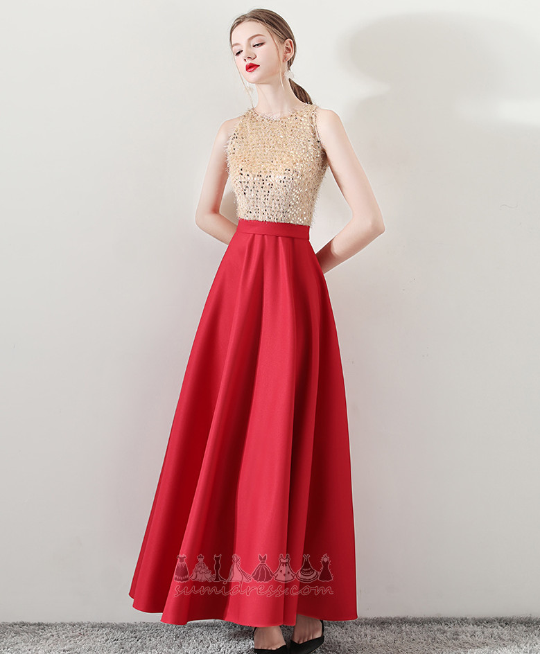 Natural Waist Satin Sequined Bodice Ankle Length Sleeveless A-Line Prom Dress