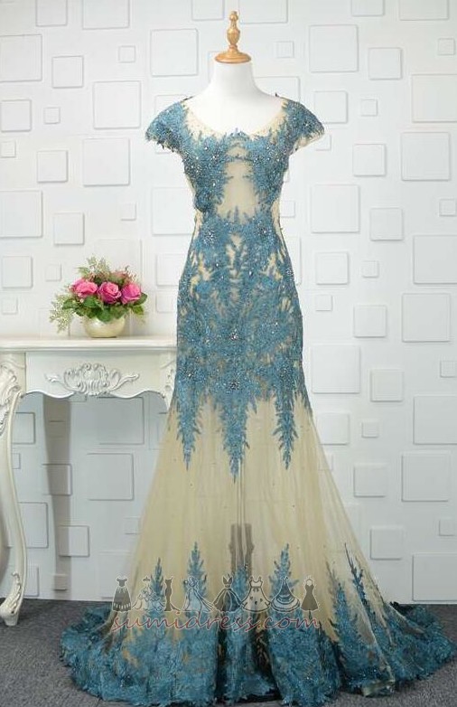 Natural Waist Scoop Beading Capped Sleeves Fall Lace Evening Dress