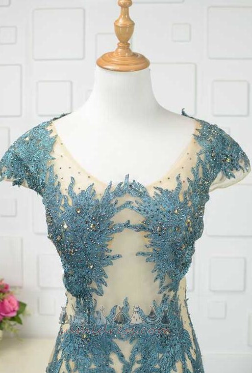 Natural Waist Scoop Beading Capped Sleeves Fall Lace Evening Dress