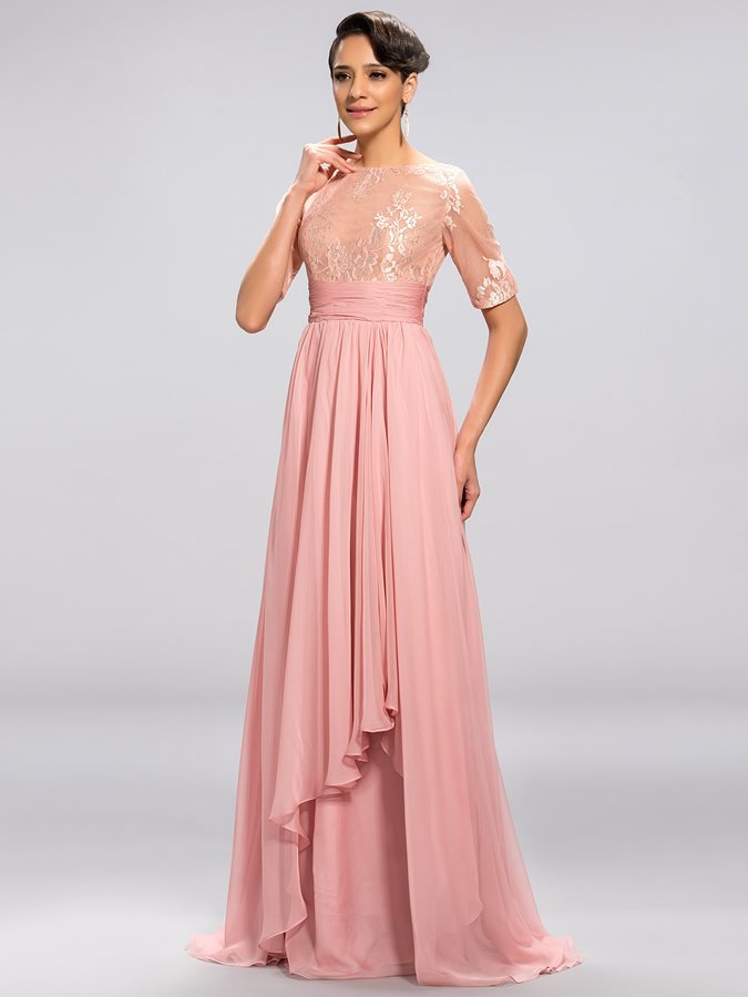 Natural Waist Short Sleeves Bateau Sweep Train Ruched Party Evening Dress