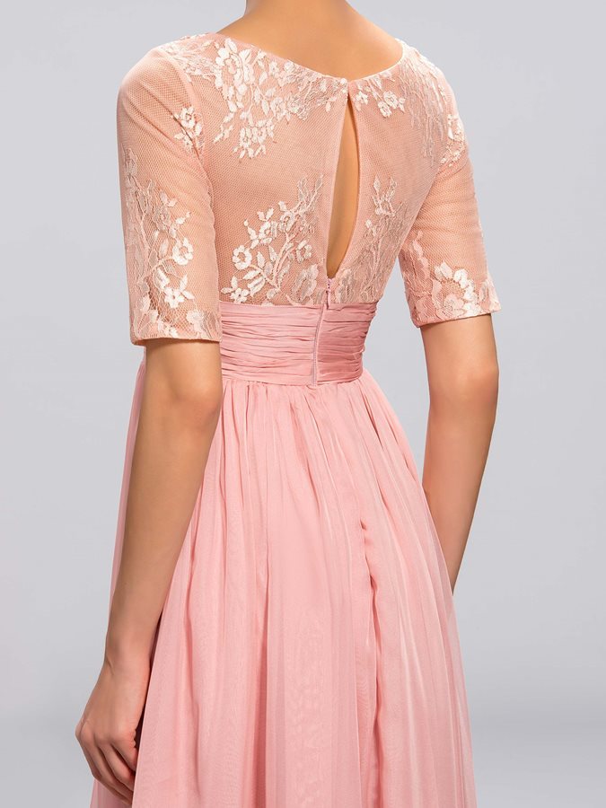 Natural Waist Short Sleeves Bateau Sweep Train Ruched Party Evening Dress