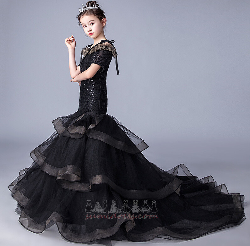 Natural Waist Short Sleeves Chapel Train Cascading Show/Performance Flower Girl Dress