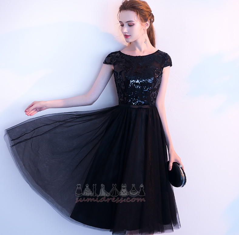 Natural Waist Short Sleeves Sequined Tulle Zipper Up A-Line Prom Dress