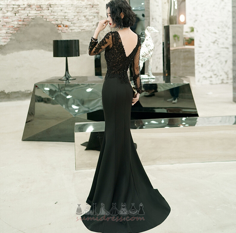 Natural Waist Spandex Illusion Sleeves Applique Hemline Long Evening gown