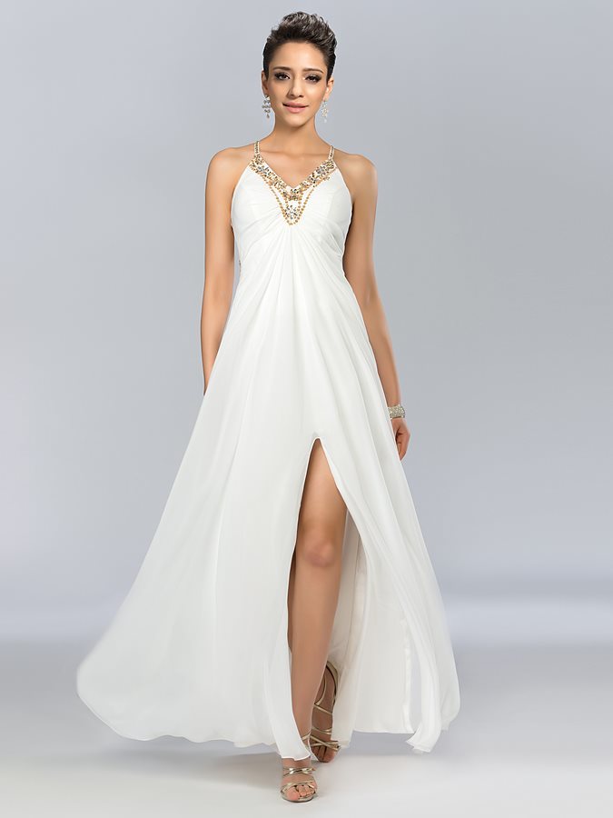Natural Waist Split Front Luxurious A-Line banquet Backless Prom Dress