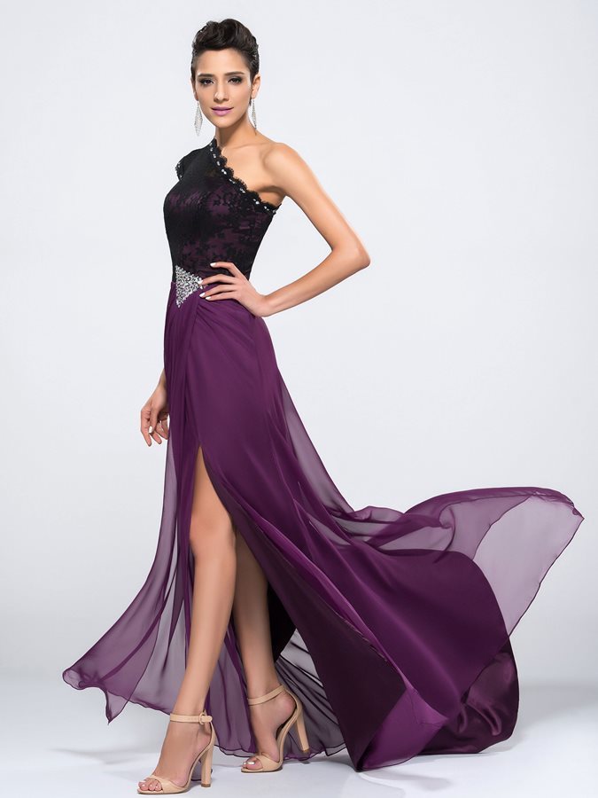 Natural Waist Spring One Shoulder Party Short Sleeves Beading Evening gown