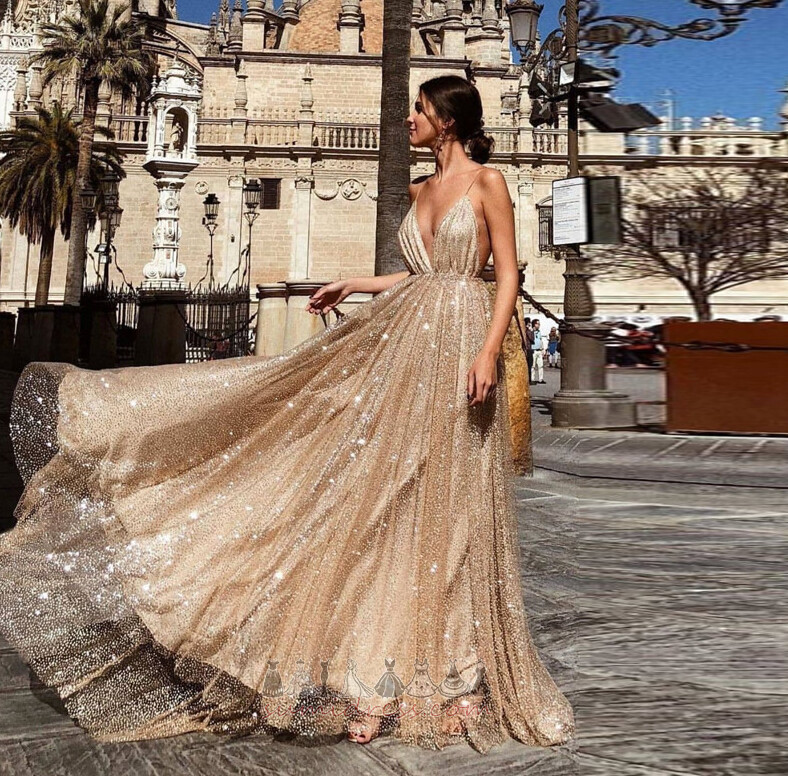 Natural Waist Sweep Train A-Line Backless Long Sequined Evening gown