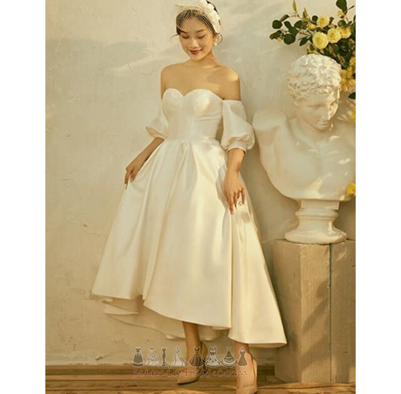 Natural Waist Sweetheart Draped Pouf Sleeves Hemline Asymmetrical A-Line Wedding Dress