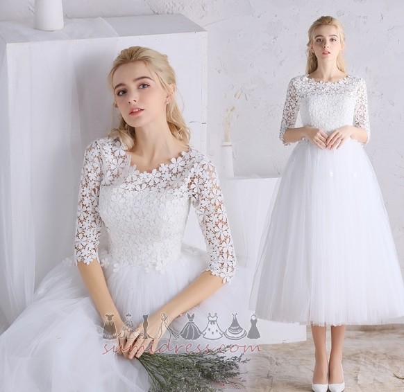Natural Waist T-shirt Jewel 3/4 Length Sleeves Zipper Up Simple Wedding Dress
