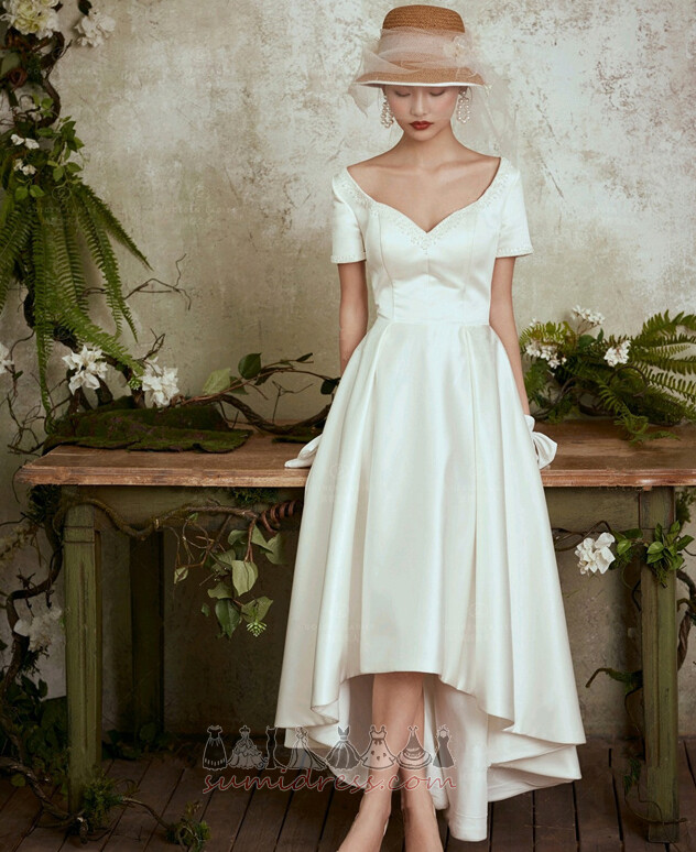 Natural Waist V-Neck Asymmetrical Short Sleeves Beading Beach Wedding Dress