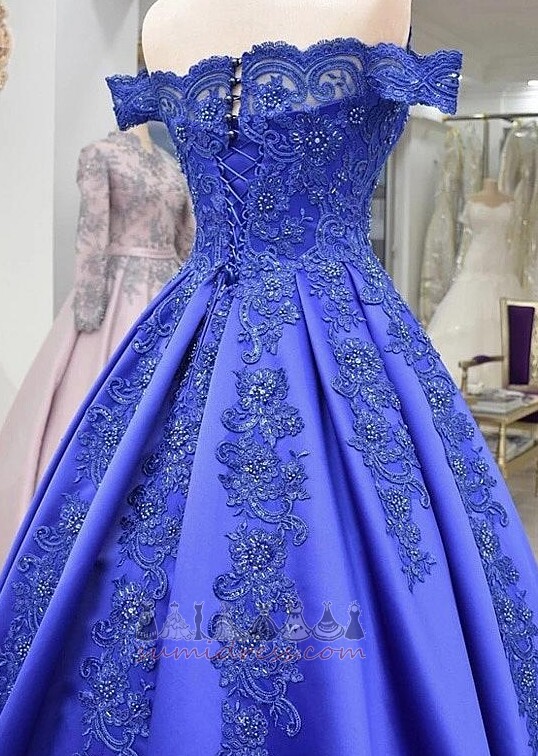 Natural Waist Vintage Satin Beading Capped Sleeves Lace-up Prom gown