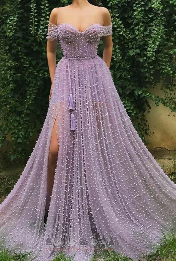 Natural Waist Zipper Up Split Front Off Shoulder Sexy Tulle Prom Dress