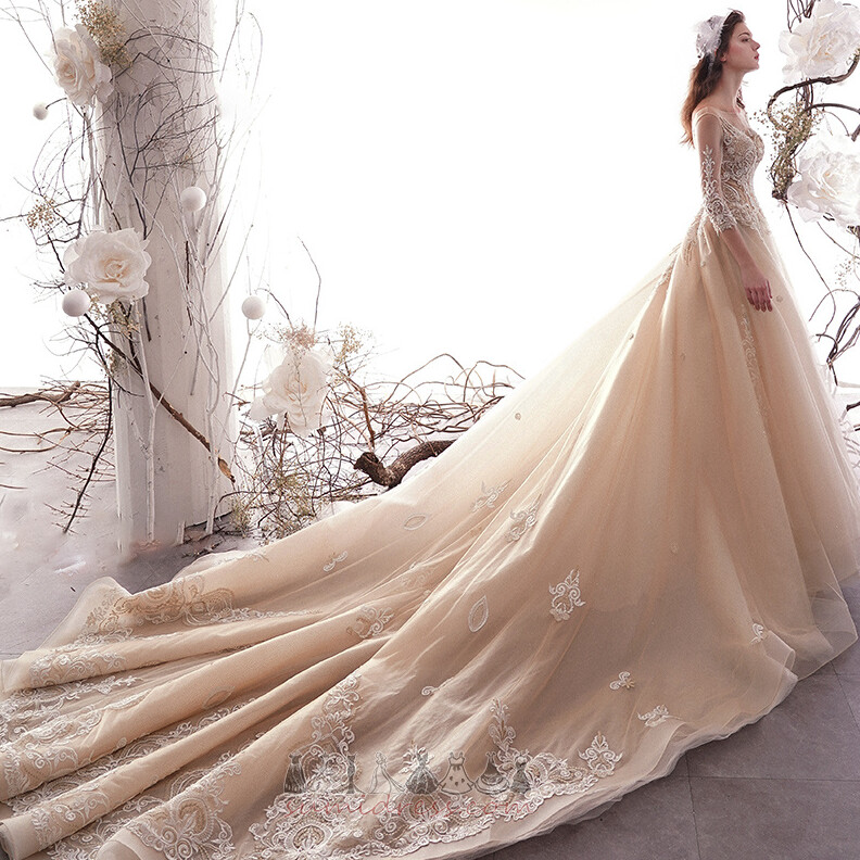 Nėriniai plačiu kaklu Ornamento formavimas Kuklus Gamtos juosmens Vestuvinė suknelė