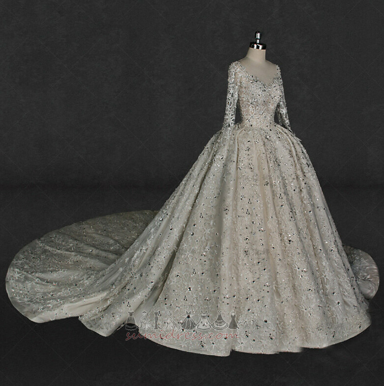 Nėriniai V-kaklo Iliuzija rankovėmis Romantiškas Rudenį Apynasris Nuotakos suknelė