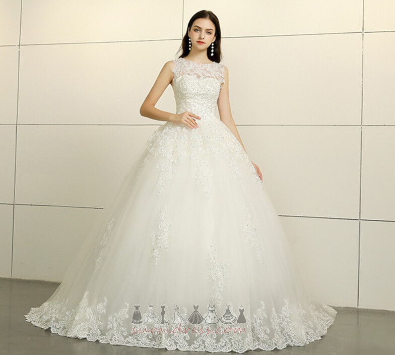 Невеста платье средний тюль Природные Талия Кафедральный шлейф церковь драгоценность