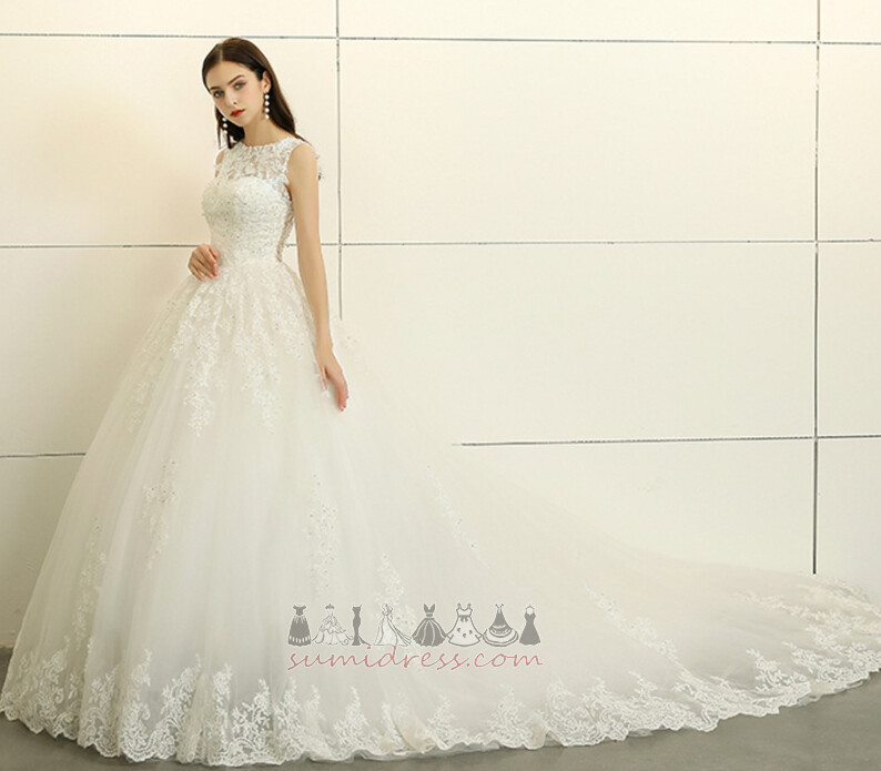 Невеста платье средний тюль Природные Талия Кафедральный шлейф церковь драгоценность