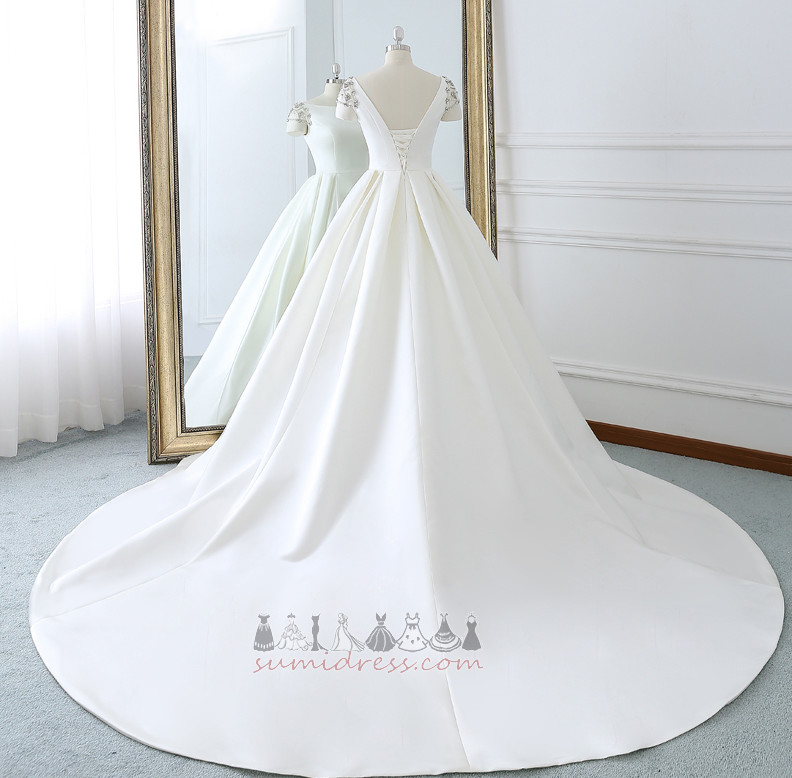Νυφικά φόρεμα Γραμμή Α Ντραπέ Κοντομάνικη μπλούζα Επίσημη Σατέν Βασιλικής αμαξοστοιχίας