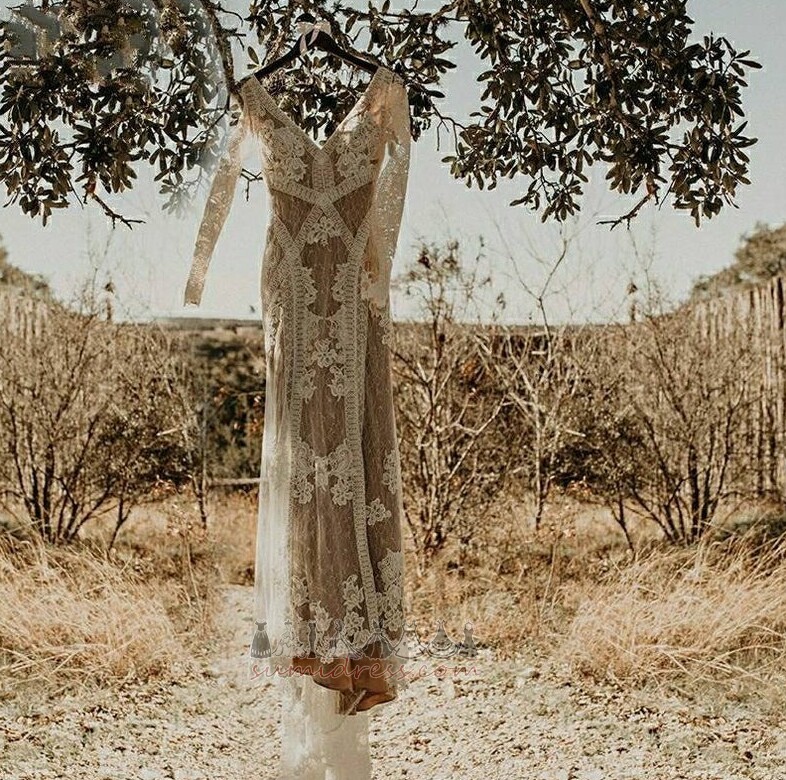 νυφικό, Νυφικά φόρεμα Φθινόπωρο Αχλάδι Φυσικό Τραίνο σκουπισμάτων Βαθιά v-λαιμός Α-Γραμμή