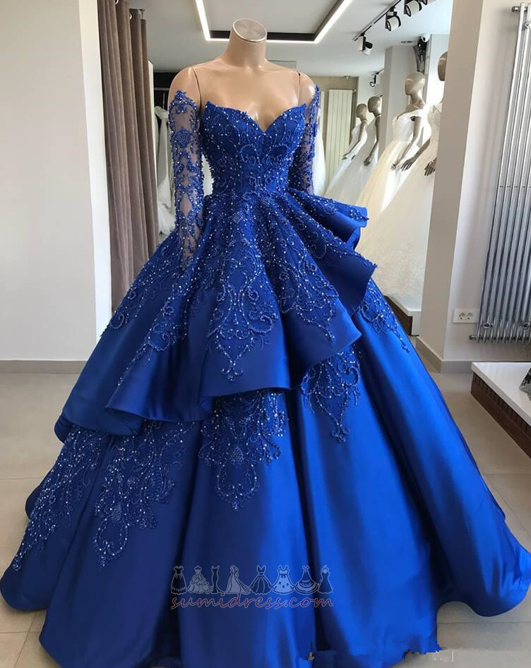 Off Shoulder Floor Length Fall Zipper Up Illusion Sleeves Jewel Bodice Prom Dress