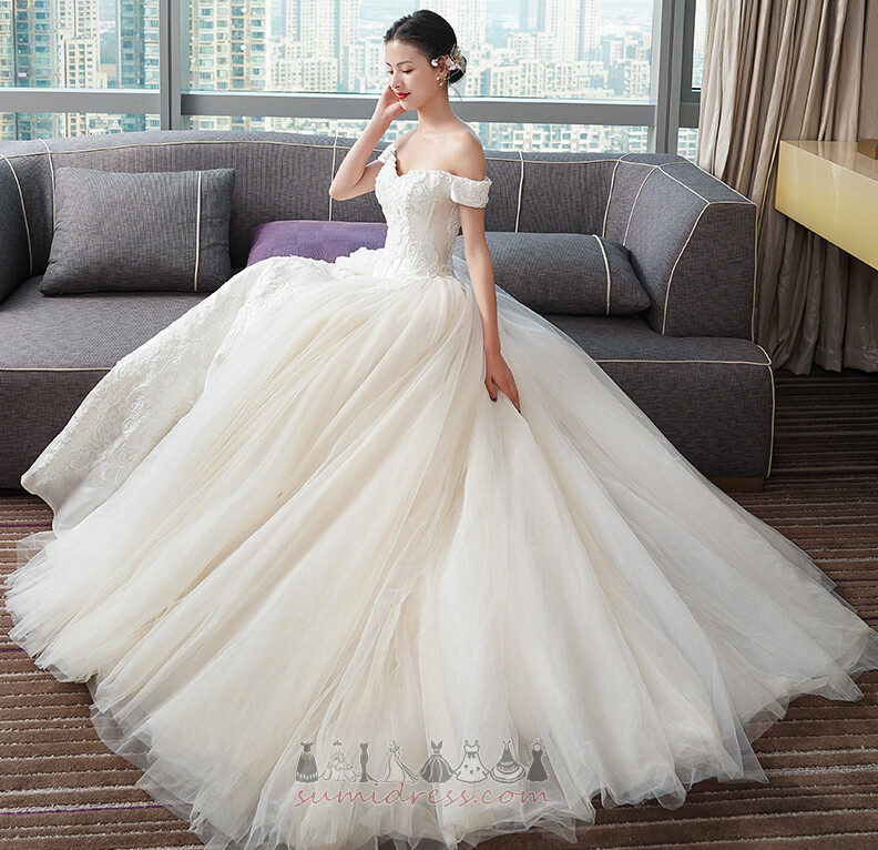 Off Shoulder Lace-up Church Sweep Train Pear Draped Wedding gown
