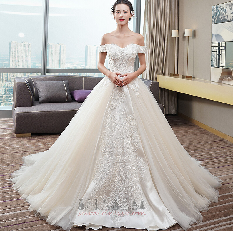 Off Shoulder Lace-up Church Sweep Train Pear Draped Wedding gown