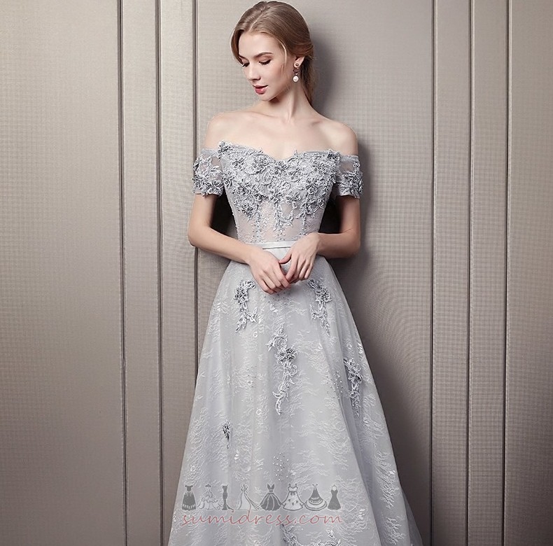 Off Shoulder Natural Waist Ankle Length Short Sleeves Capped Sleeves Lace Evening Dress