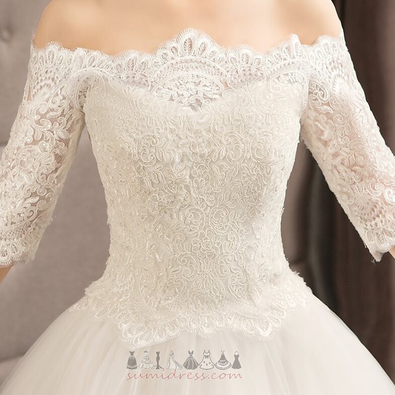 Off Shoulder T-shirt Natural Waist Beading Medium Lace Wedding Dress