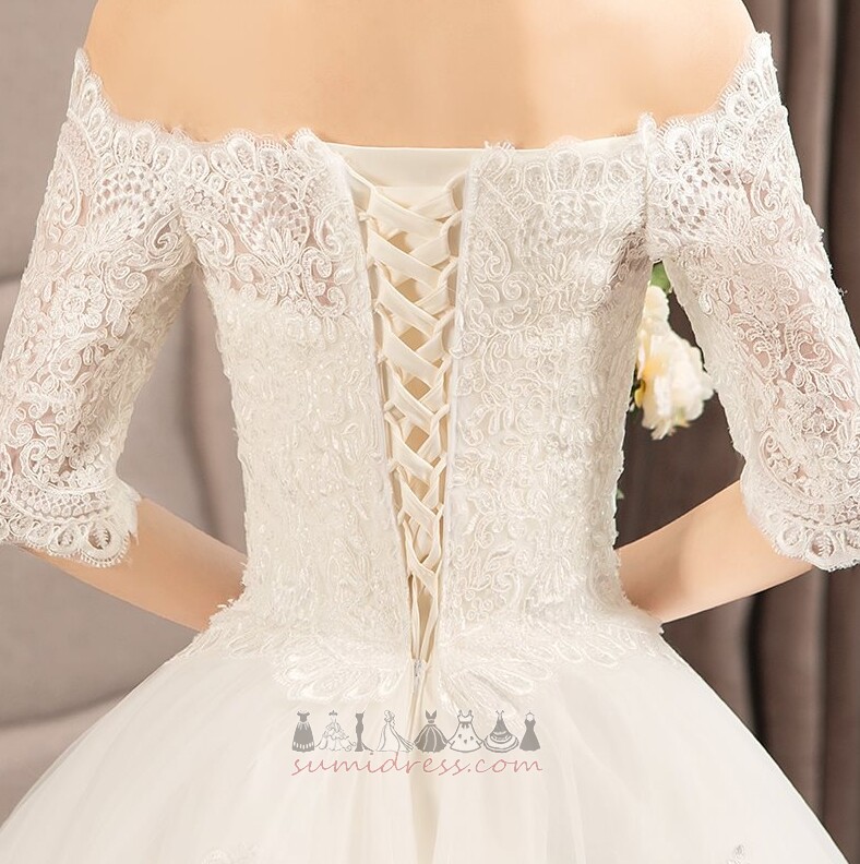 Off Shoulder T-shirt Natural Waist Beading Medium Lace Wedding Dress