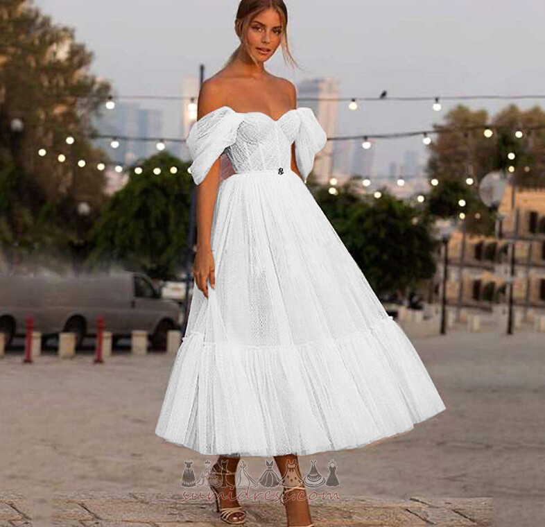 Off Shoulder Tea Length Chic Natural Waist Swing Sleeveless Wedding Dress