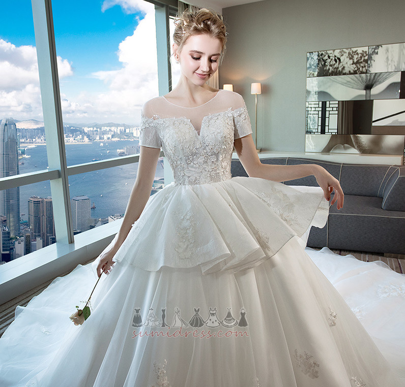 Organza T-shirt Applique Lace-up Natural Waist Jewel Wedding Dress