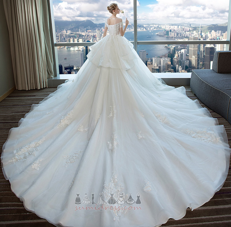 Organza T-shirt Applique Lace-up Natural Waist Jewel Wedding Dress