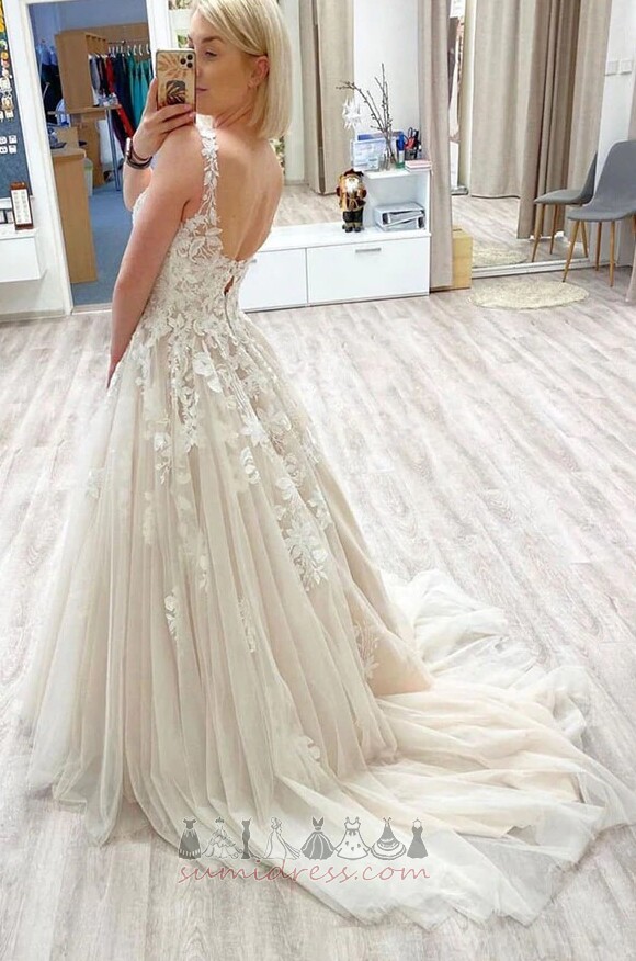 Outdoor Applique Tulle Backless Sweep Train V-Neck Wedding gown