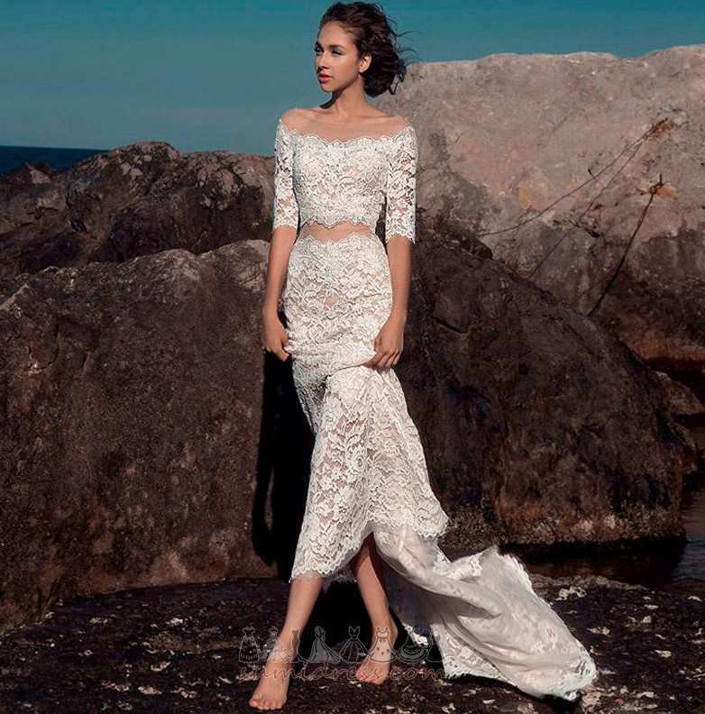 Outdoor Lace Overlay Illusion Sleeves Sweep Train Elegant Zipper Up Wedding Dress