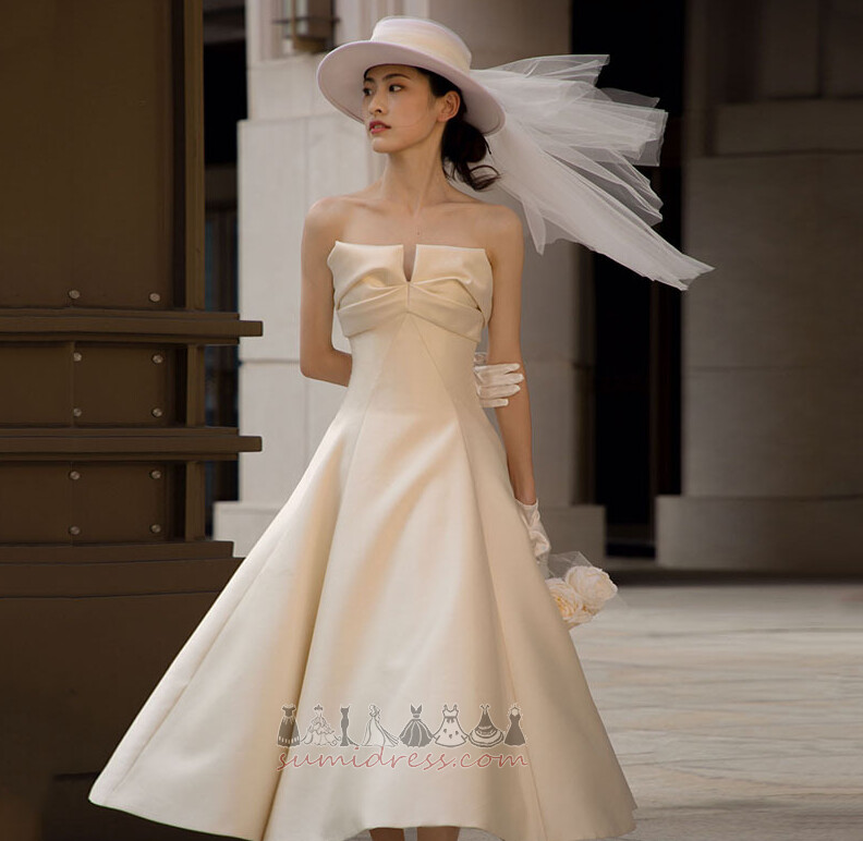 Outdoor Sleeveless Simple Natural Waist Tea Length Strapless Wedding Dress