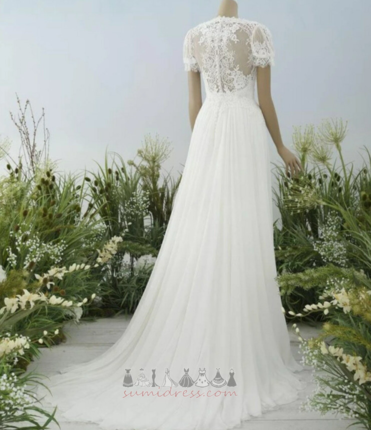 Outdoor Square Sheer Back Tulle Sweep Train Short Sleeves Wedding Dress