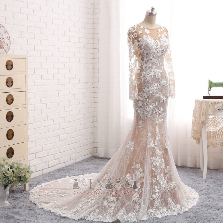 падати ілюзія рукава аплікації Елегантний природні Талія Довго Весільна сукня