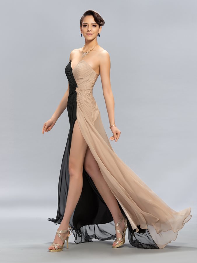 Party Chiffon Natural Waist Ruched Sweep Train Backless Evening Dress
