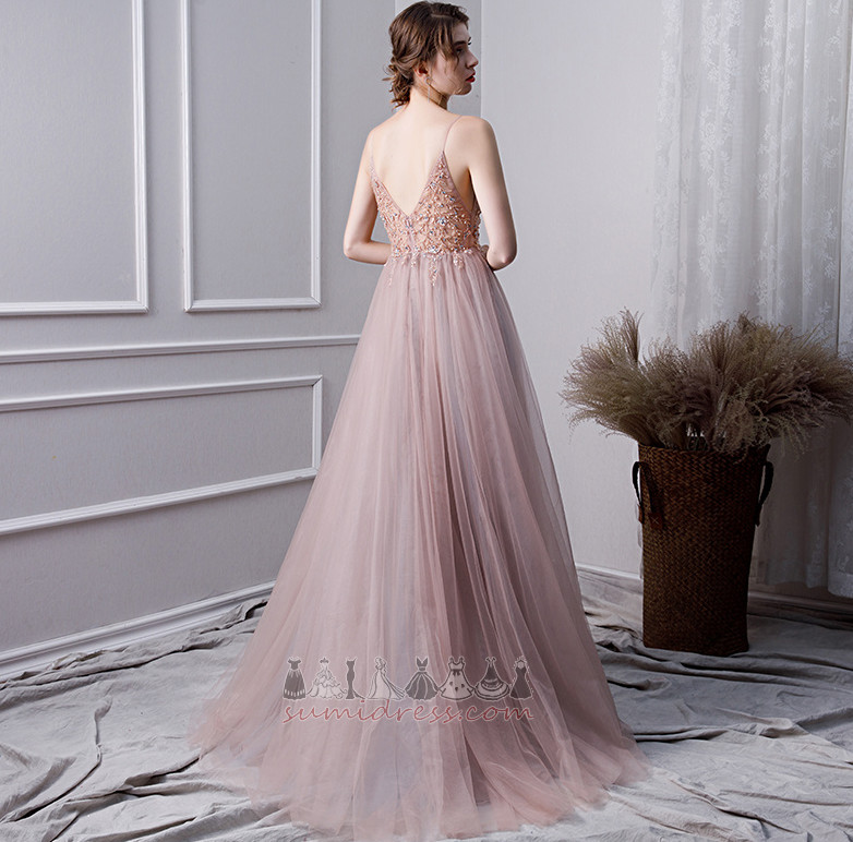 Perlen A-Linie Tüll Spaghettiträger Natürliche Taille Zug zu fegen Abendkleid