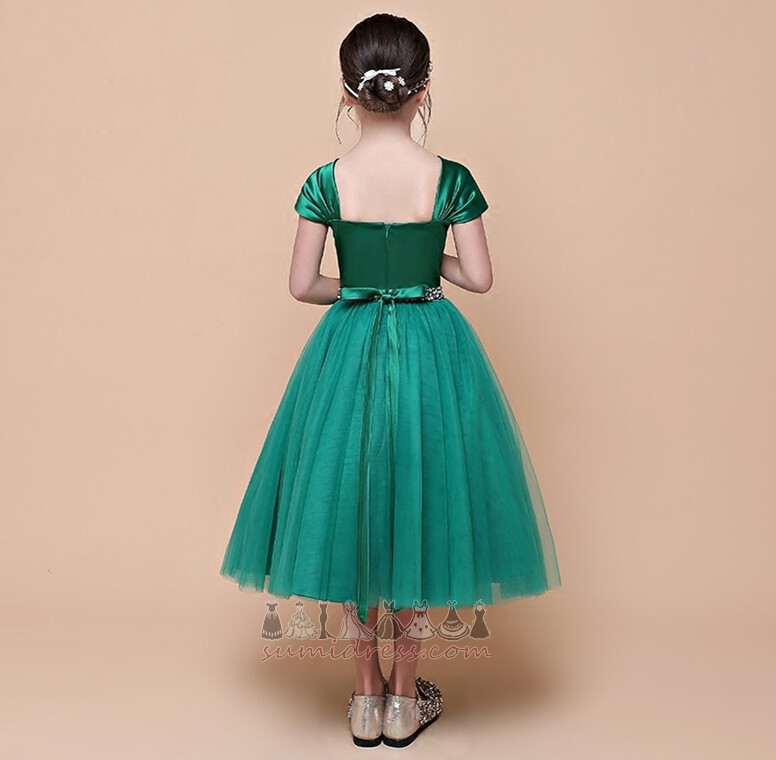 Платье девушки цветка A-линия развальцовка бисера пояса крышками рукава Show / Performance