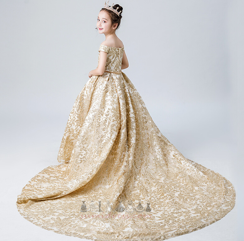 Платье девушки цветка атласная Кафедральный шлейф Короткие рукава Природные Талия свадьба длинный