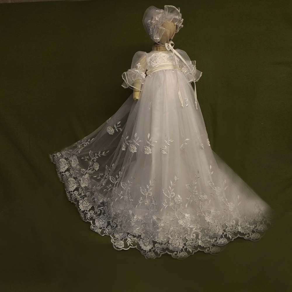 Платье девушки цветка Короткие рукава кружево Высокий покрыты Принцесса средний фонарь