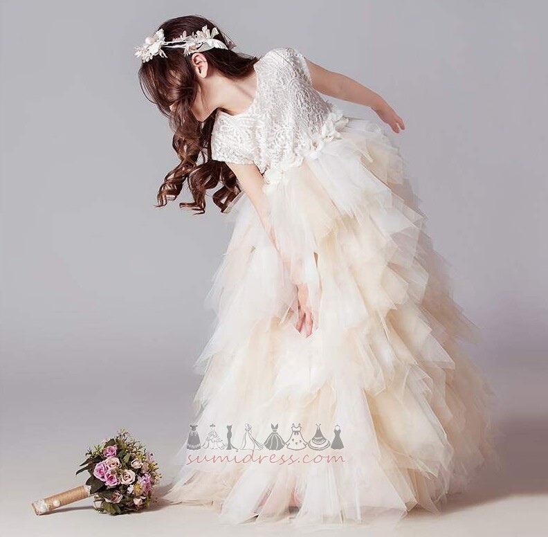 Платье девушки цветка кружево A-линия Длина пола крышками рукава элегантный Многоуровневое
