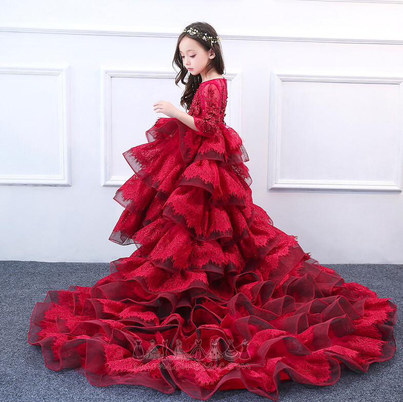 Платье девушки цветка Молния вверх развертки поезд A-линия церемония зубчатую Край