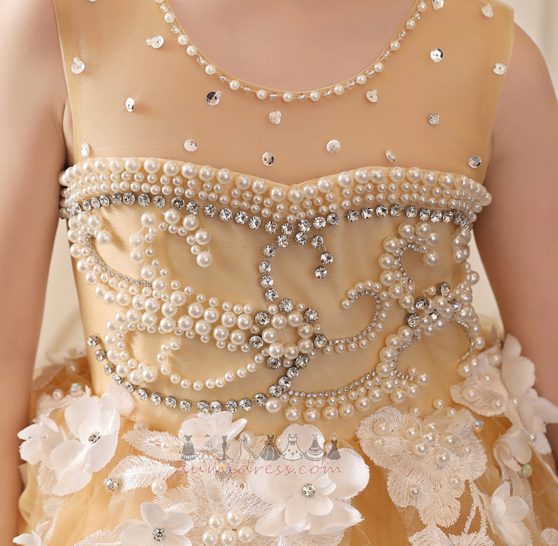 Платье девушки цветка Органза драгоценность развертки поезд A-линия Жемчуг Молния вверх