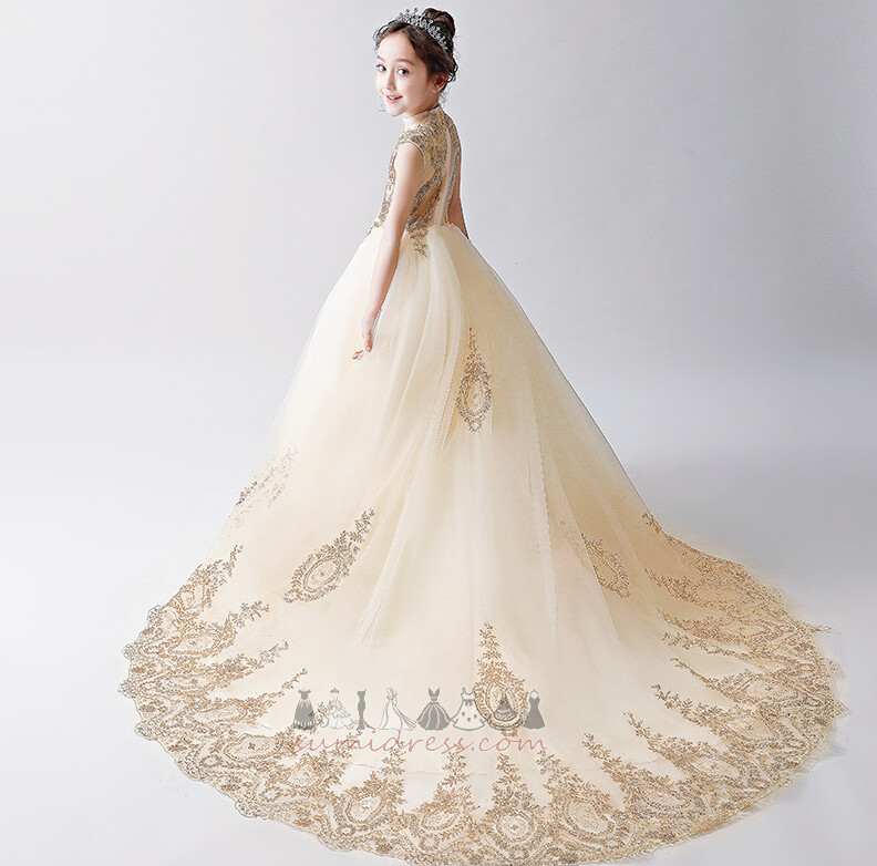 Платье девушки цветка тюль длинный Часовня Поезд Аппликации церемония Молния вверх