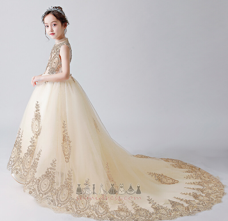 Платье девушки цветка тюль длинный Часовня Поезд Аппликации церемония Молния вверх