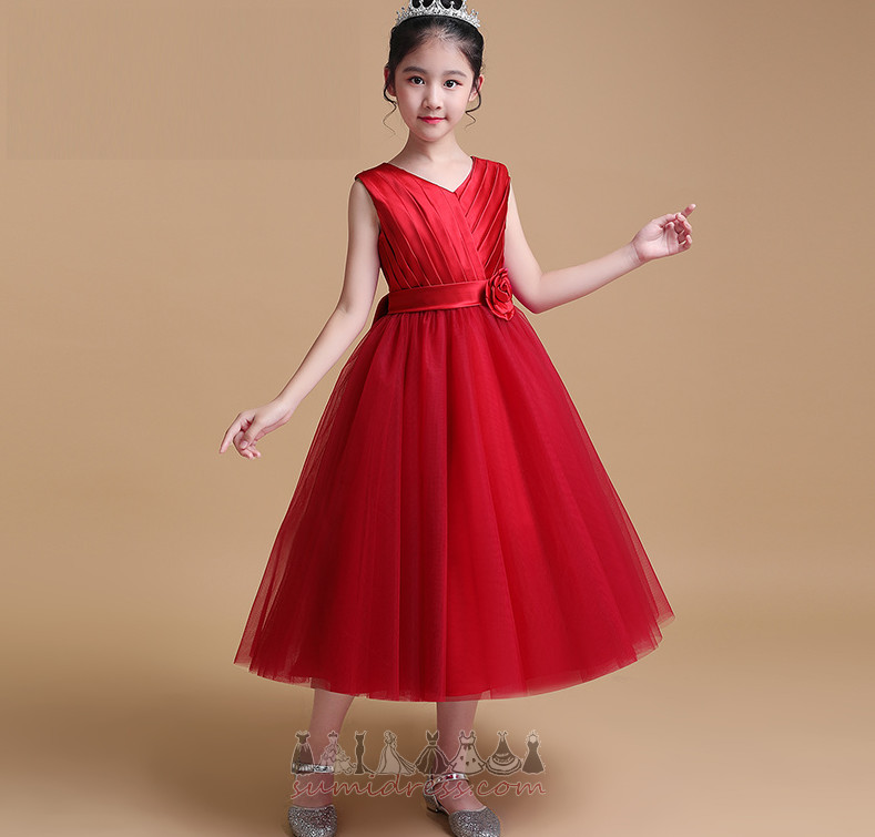 Платье девушки цветка тюль элегантный V-образным вырезом Природные Талия Чай Длина Лук
