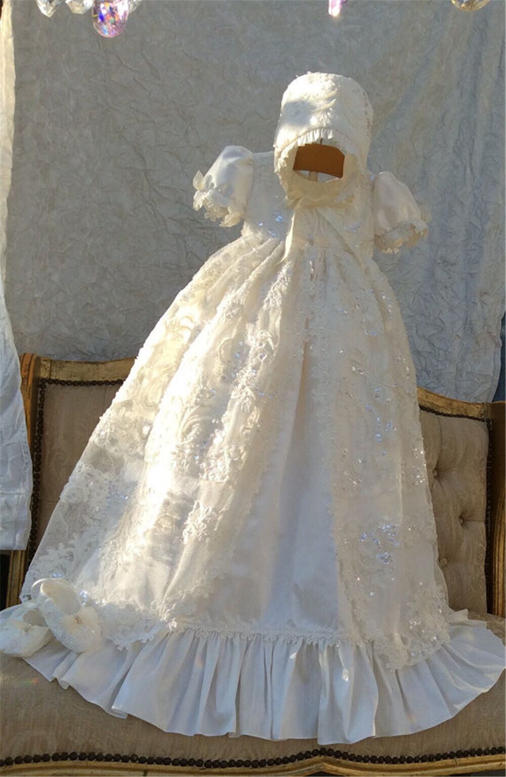 Платье девушки цветка весна Принцесса Аппликации драгоценность кружево Короткие рукава