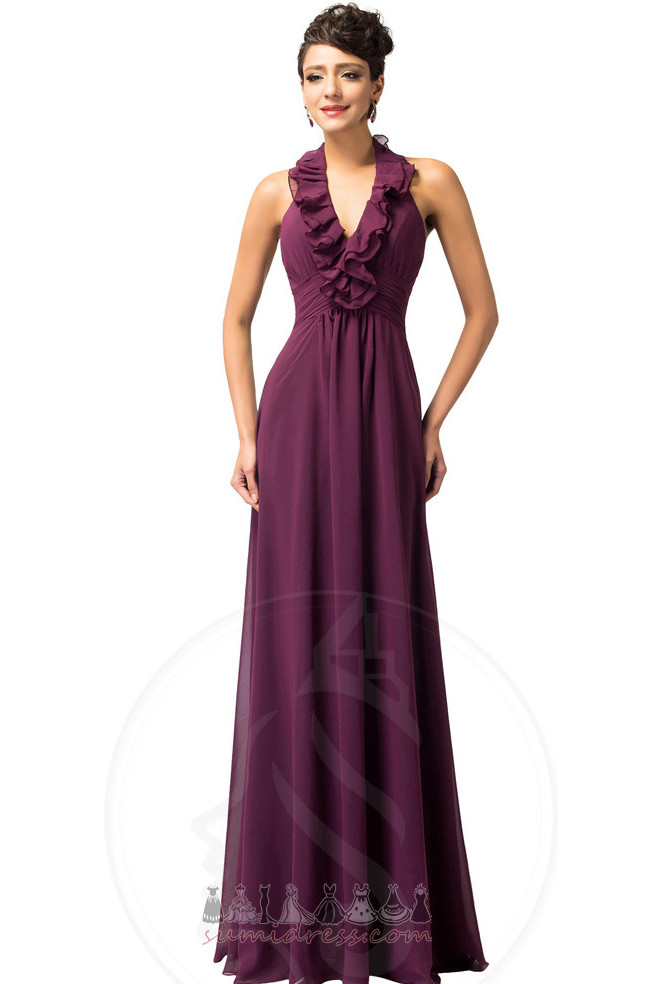 Pleated Bodice Deep v-Neck Cascading Elegant A-Line Backless Party Dress